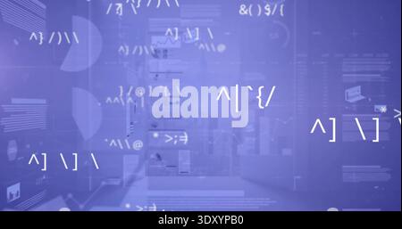 Displaying dashboard overlay in blurred control room, showing UI panels, charts, ASCII symbols Stock Photo