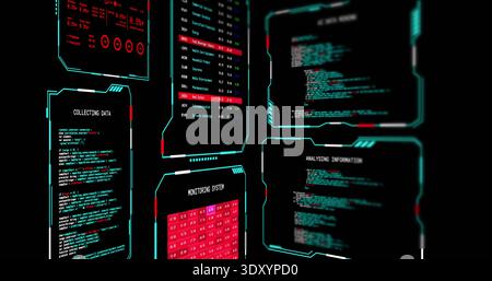 Displaying cyan HUD panels floating in virtual console, showing code, tables, charts, indicators Stock Photo