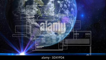 Displaying planet Earth from orbit, overlaying wireframe UI panels, numeric data and lens flare Stock Photo