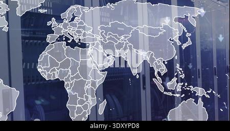 Displaying outline world map on glass panel in server room, showing server racks and cables Stock Photo