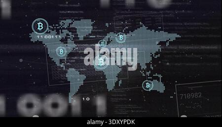 Displaying dotted world map showing glowing Bitcoin icons on cyber dashboard, with binary readouts Stock Photo