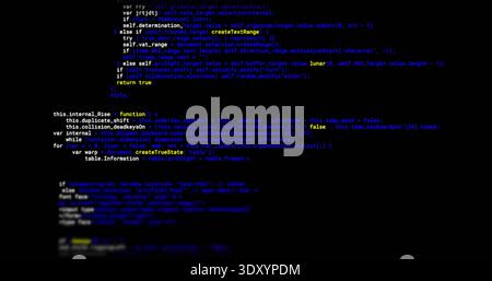 Displaying centered source code block on developer monitor, showing blurred lines, colored syntax Stock Photo