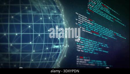 Displaying glowing 3D mesh sphere occupying left in dark cyber space, with luminous nodes and code Stock Photo