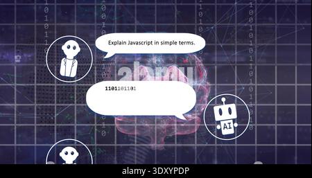 Glowing brain streaming binary at dashboard, showing two avatars one jacketed and AI robot Stock Photo