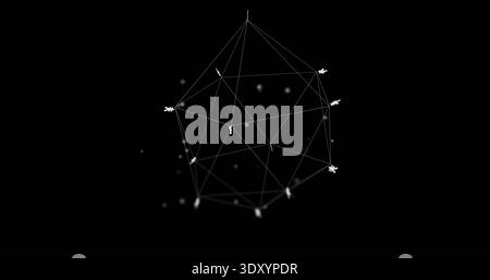 Rotating polyhedron wireframe showing glowing lines and nodes in black void, with markers Stock Photo