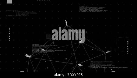 Displaying wireframe polyhedron centered on black background, showing cursor icons, code, nodes Stock Photo