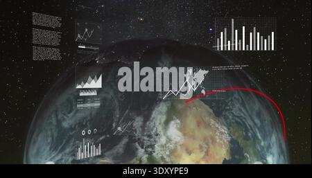 Displaying planet Earth rotating from orbit showing clouds, stars, data graphs and red trajectory Stock Photo