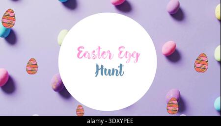 Placing white badge Easter Egg Hunt on lavender table pastel eggs stickers casting soft-shadows Stock Photo