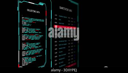 Displaying left COLLECTING DATA code panel showing colored code in cyan frame on screen, copy space Stock Photo