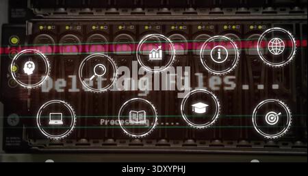Displaying rack-mounted drive bay showing drive trays and LEDs in data center, with HUD icons Stock Photo
