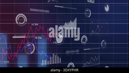 Displaying financial dashboard occupying center on dark blue UI, showing red and blue line graphs Stock Photo