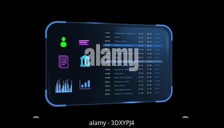 Displaying holographic dashboard panel on black background, showing neon icons and table Stock Photo