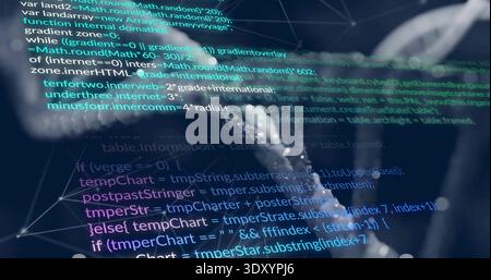 Displaying faint brain silhouette overlaying data workspace, featuring multicolor code with nodes Stock Photo
