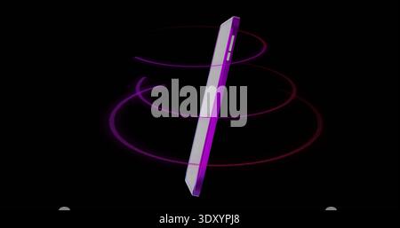 Floating slim smartphone with flat edges and side buttons in black studio void, with neon rings Stock Photo