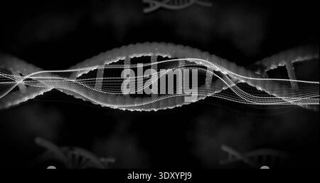 Floating stylized DNA helix undulating in conceptual scientific illustration, with dotted waveforms Stock Photo