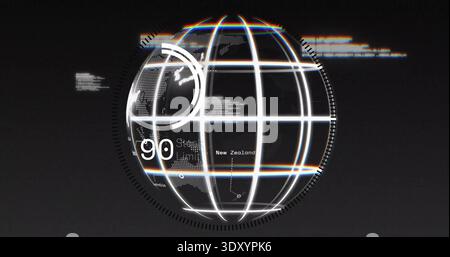 Displaying luminous globe rotating on dark HUD, showing reticle, tick ring, 90 New Zealand Stock Photo