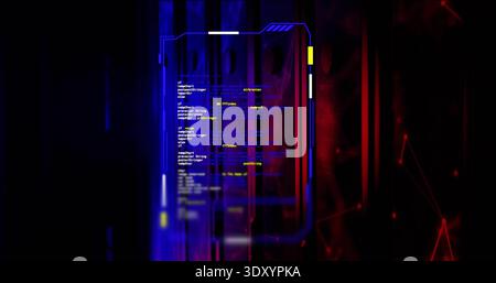 Floating holographic code panel with blue neon frame in virtual HUD, showing white and yellow code Stock Photo