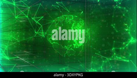 Floating holographic green globe hovering over virtual 3D grid corridor, with triangular nodes Stock Photo
