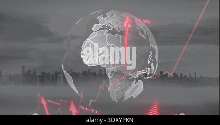 Floating transparent globe showing continents over waterfront skyline with fog, red arrows, labels Stock Photo