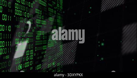Displaying vertical columns of glowing green binary code on monitor, with diagonal stripes and grid Stock Photo