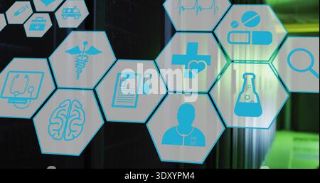 Displaying blue medical hexagons floating over server racks and green corridor showing scrubs icon Stock Photo