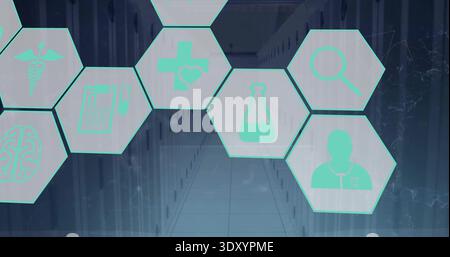 Displaying turquoise hex panels floating over server aisle, tiled floor, showing medical icons Stock Photo