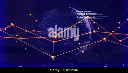 Displaying dotted wireframe globe with orange connecting lines and glowing nodes in virtual space Stock Photo