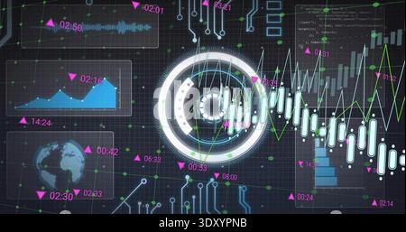Displaying central concentric HUD glowing on dark grid display, with candlesticks and neon line Stock Photo