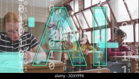 Hovering teal AI graphic covering class, teens writing on notes at desks, teacher in collared shirt Stock Photo