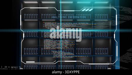 Displaying bank of server racks projecting HUD overlay in data center, with LED status lights Stock Photo