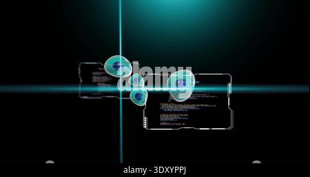Displaying translucent holographic spheres beside HUD panels with cyan crosshair in virtual display Stock Photo