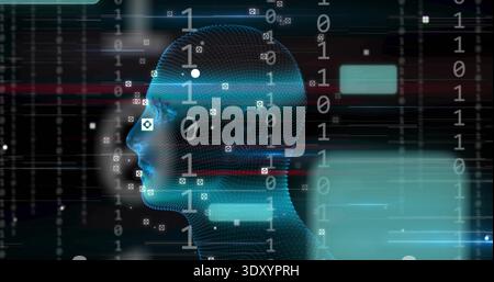 Animating blue dotted mesh head moving through virtual space, showing binary digits and HUD panels Stock Photo