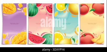 Summer tropical fruit background clipart poster set. Summer tropical fruit background with mango, watermelon, lemon and peach in slice and whole Stock Vector