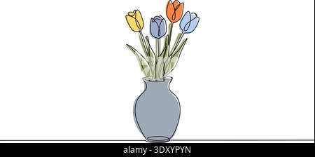 continuous line drawing of tulips in different colors in flower vase, line art vector illustration Stock Vector