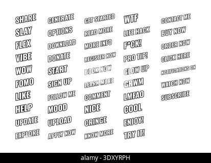 Social media engagement web button pack in bold black outline Stock Vector