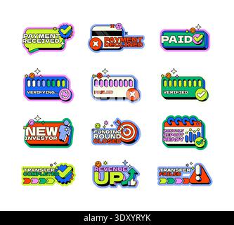 Payment processing and transfer status neo brutalism pop-up UI overlay set Stock Vector
