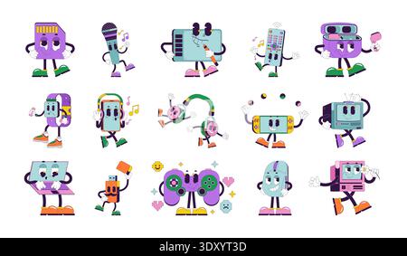 Groovy retro tech characters set Stock Vector