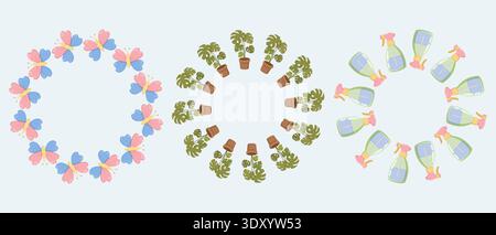 Butterflies, Monstera Spray Bottle Circles Stock Vector