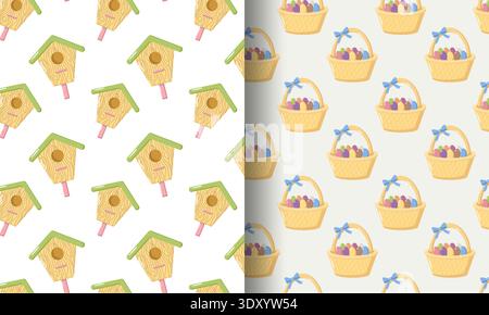 Birdhouse Easter Basket Pattern Set Stock Vector