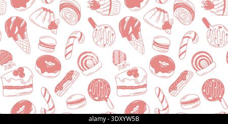 Sweet pastries and candies seamless pattern. White background with silhouettes of hand drawn delicacies. Pastry print for textiles, packaging, and pro Stock Vector