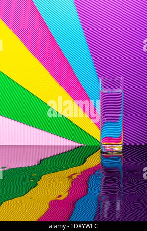 Abstract background with multicolored stripes and a glass of liquid Stock Photo