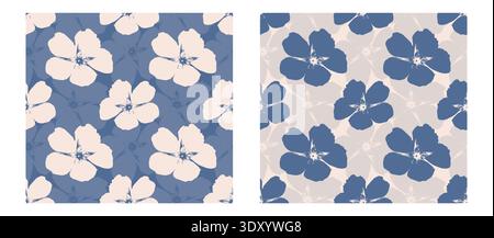 Floral bluel textile pattern set in soft pastel color, blue and beige tones. Imprint flower rose hip. Vector illustration Stock Vector