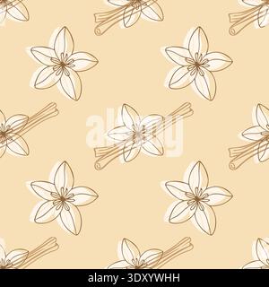 Seamless vector pattern with star anise flowers and cinnamon sticks in minimalist line art style on beige background. Vector illustration Stock Vector