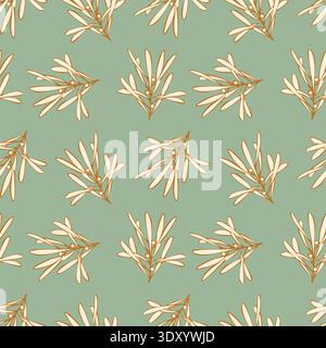 Green pattern of twigs with leaves outline hand drawn, possibly Mistletoe, is executed in light tones on pastel green background.. Vector illustration Stock Vector