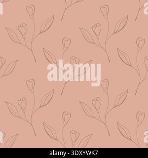 Floral pink pattern with gold outline hand drawn images of plants. Minimalist design for wallpaper, fabrics, packaging, and graphic design. Vector illustration Stock Vector