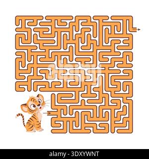 Vivid illustration of cheerful cartoon tiger supporting children in solving challenging maze puzzles Stock Vector
