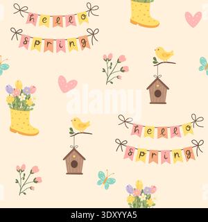 Cute Hello Spring Decorative Pattern Stock Vector