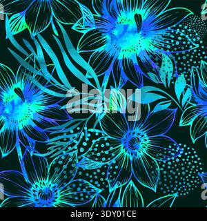 Seamless background with blue neon flowers. Hand drawn. Not AI, vector illustration Stock Vector