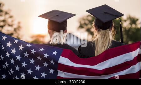 Two graduates wearing caps holding United States flag at sunset, celebrating graduation and academic achievement Stock Photo