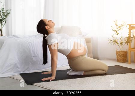 Pregnant woman practicing prenatal yoga back stretch on yoga mat at home Stock Photo